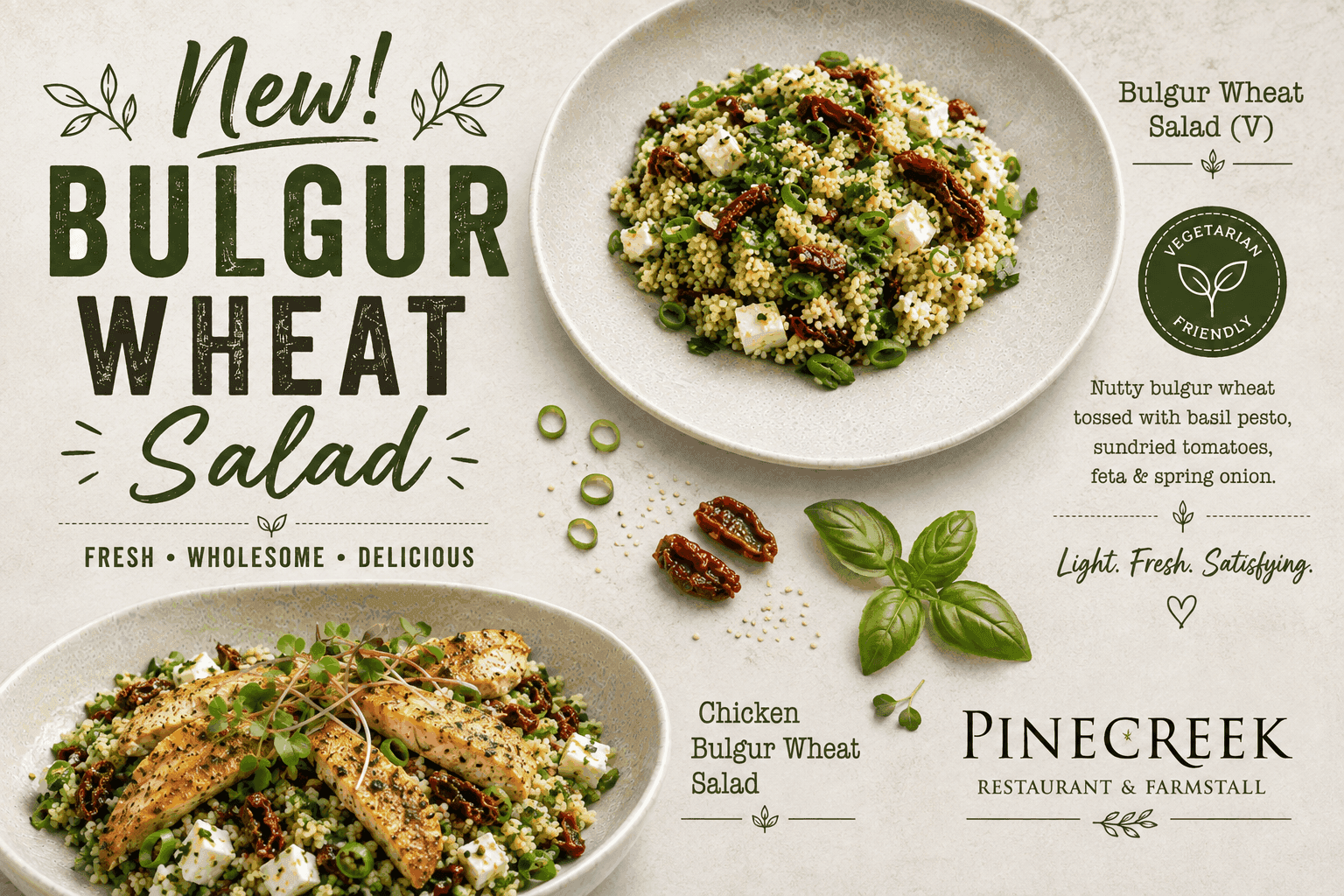 New! Bulgur Wheat Salad — nutty bulgur wheat with basil pesto, sundried tomatoes, feta and spring onion. Also available with chicken.